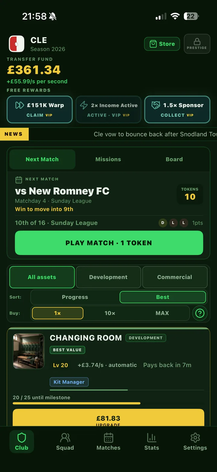 Idle Football Club club screen showing the next fixture, rewards and facility upgrades.