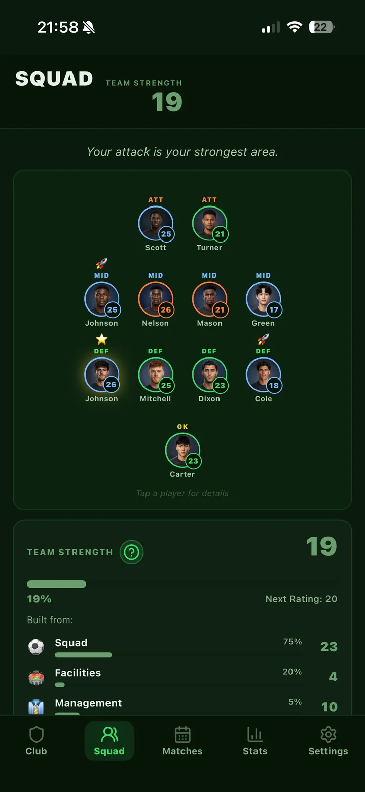 Idle Football Club squad screen showing the starting formation and team strength.